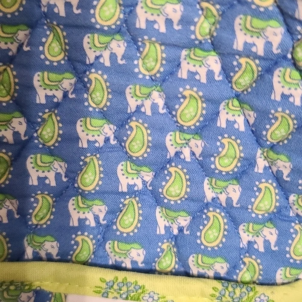 Vera Bradley Messenger Bag Chartreuse W/Blue Flowers Elephants Zips 13x16